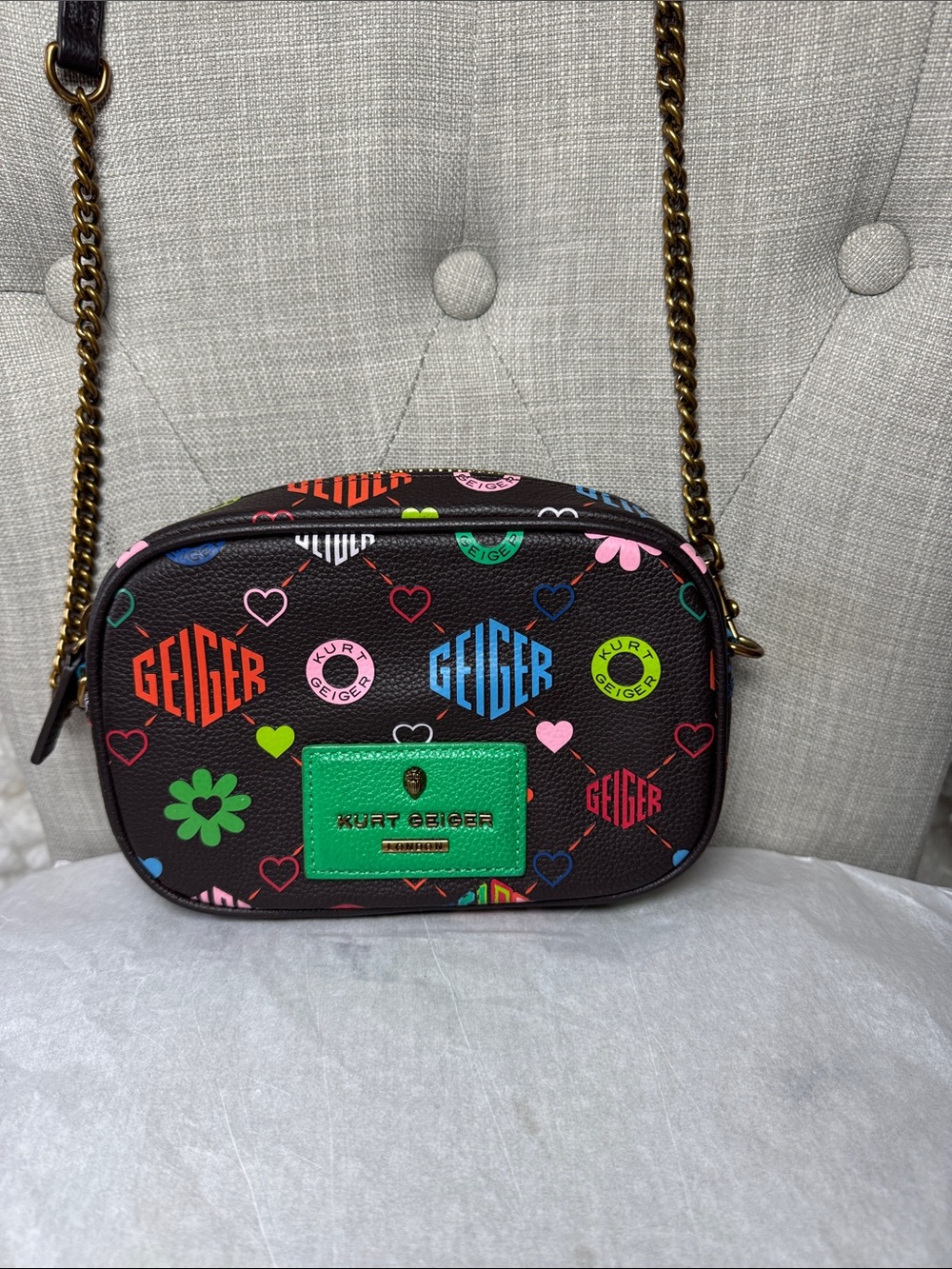 Kurt Geiger Black Multicolor Logo Heart Crossbody with Gold Chain